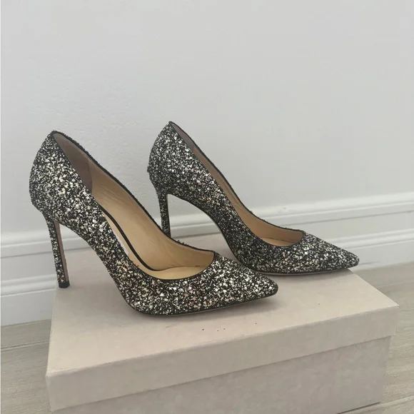 Jimmy Choo Black and Silver Glitter Pointed Toe Stilettos - Picture 3 of 8